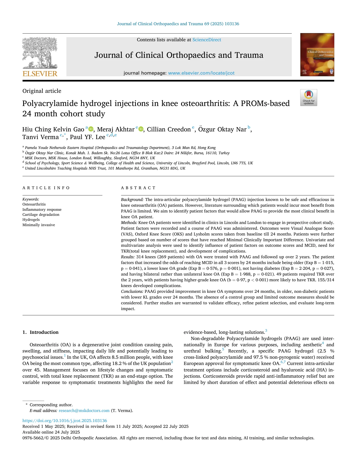 First page of the published 2025 Arthrosamid 24-month cohort study